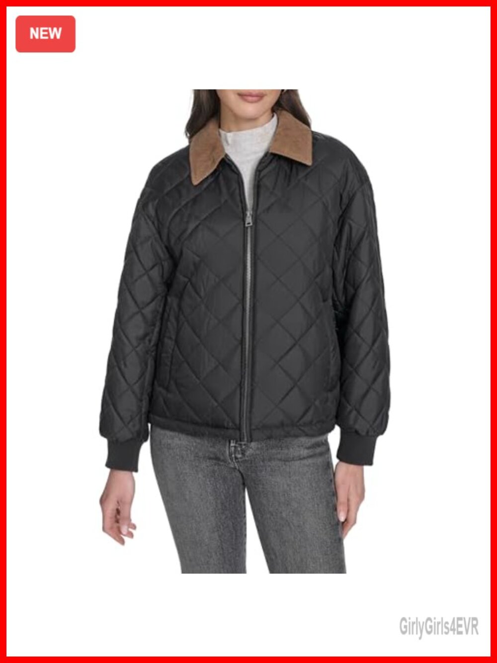 Quilted Jacket with Corduroy Collar Full Zip Rib Knit Cuffs Hem